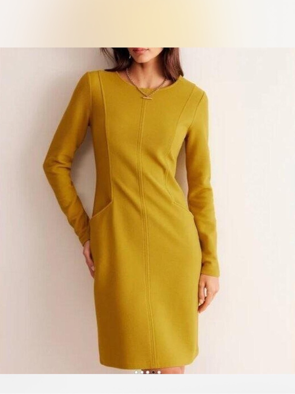 Boden Women’s Ellen Ottoman Dress Mustard Yellow Long Sleeve Pockets Size 6L EUC